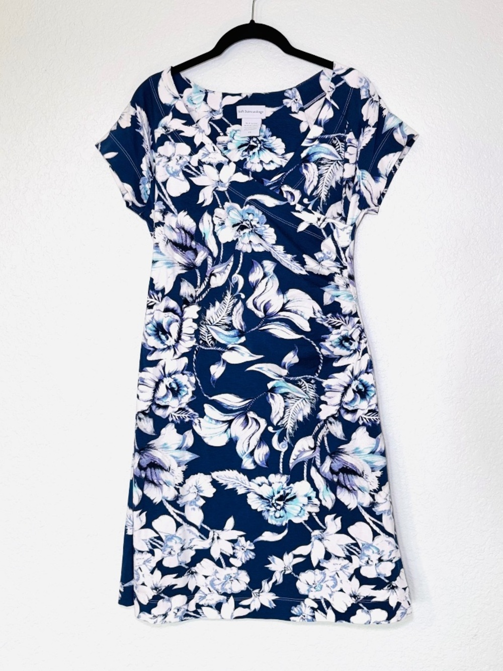 Soft Surroundings Shapely Anywhere Dress PS Blue White Floral Faux Wrap Cotton